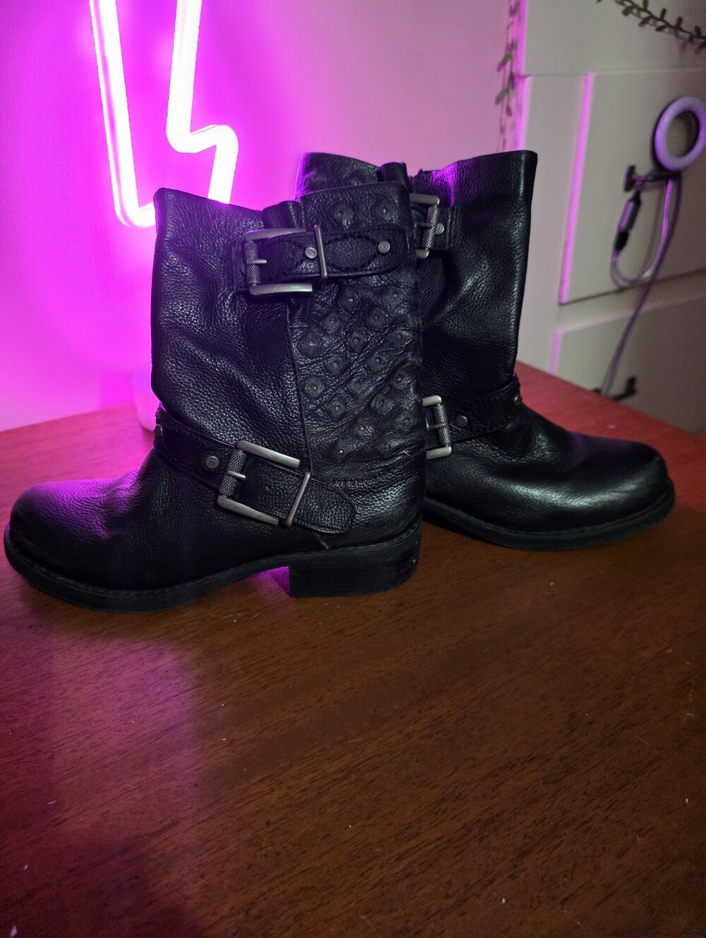 Sam Edelman Black Leather Buckle Moto Boots